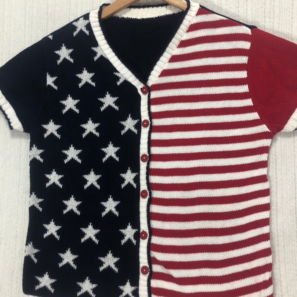 Stars and Stripes Patriotic Knit Button Up Short Sleeve‎ Top